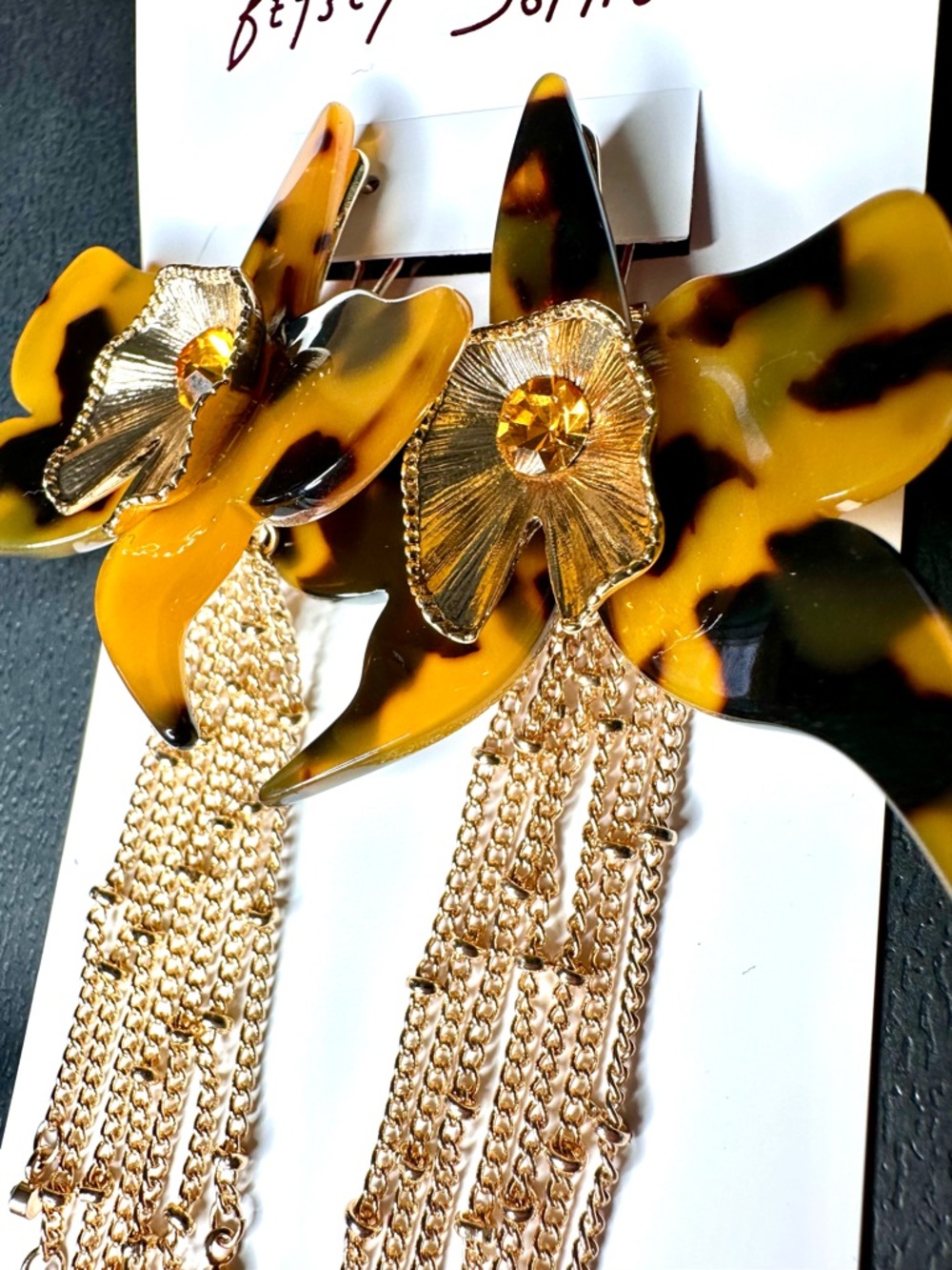 Betsey Johnson Tortoiseshell Floral Drop Earrings with Gold Chains - Picture 5 of 8